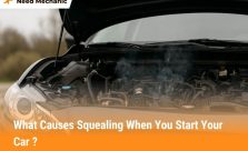 Car engine with hood open showing belts and pulleys, common cause of squealing noise when starting a car