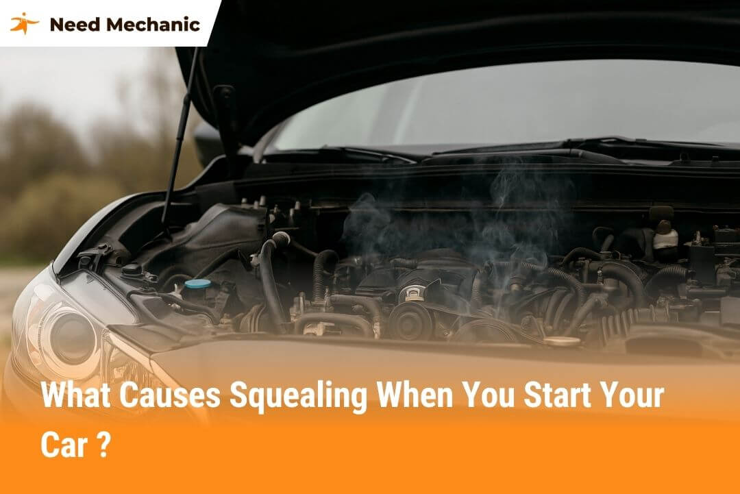 Car engine with hood open showing belts and pulleys, common cause of squealing noise when starting a car