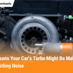 Close-up of a car turbocharger with text about why does my turbo whistle and seven common causes of the noise