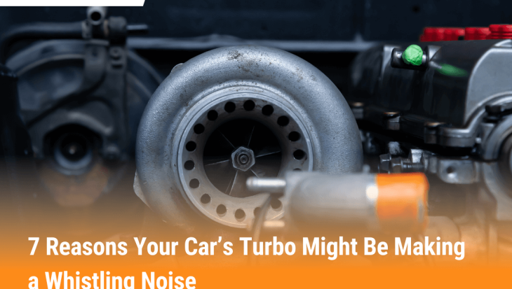 Close-up of a car turbocharger with text about why does my turbo whistle and seven common causes of the noise