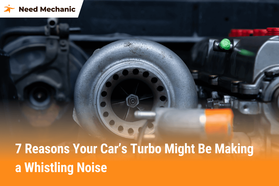 Close-up of a car turbocharger with text about why does my turbo whistle and seven common causes of the noise
