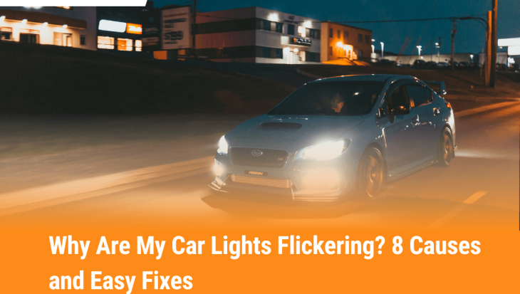 Blue car driving at night with headlights on, illustrating why car lights are flickering and possible causes with easy fixes.
