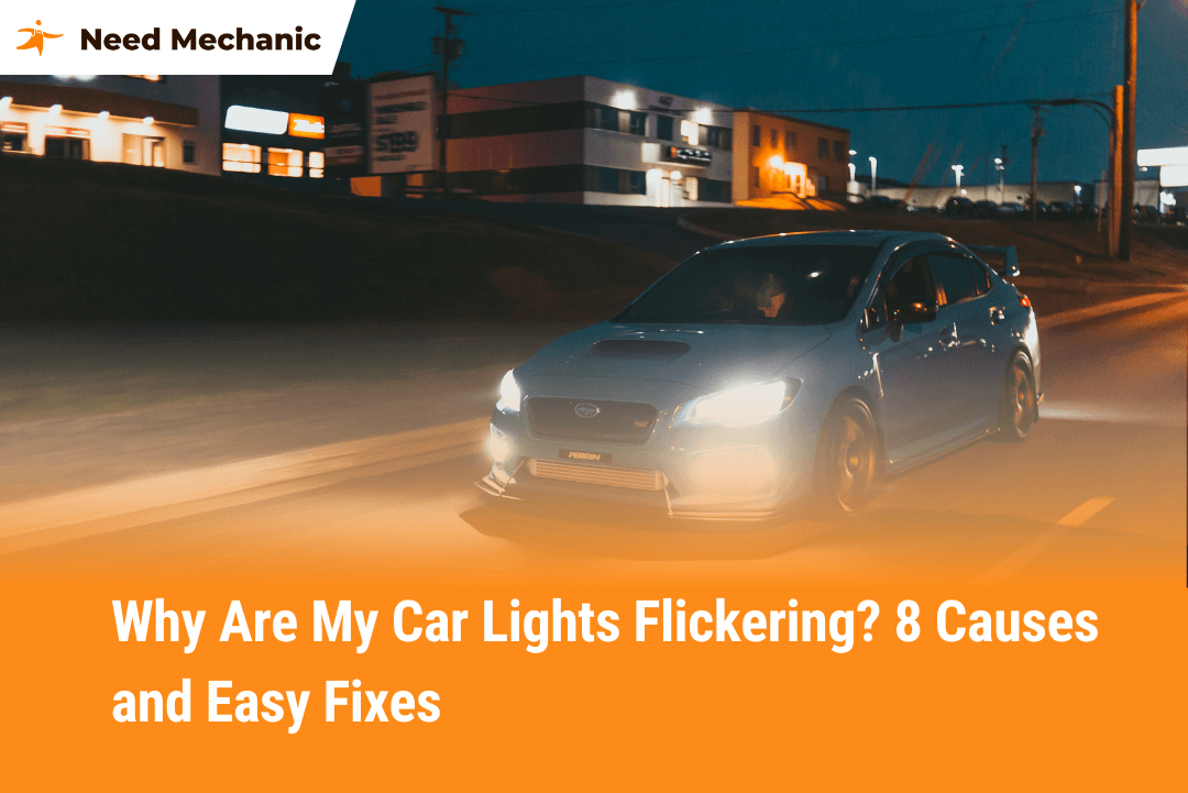 Blue car driving at night with headlights on, illustrating why car lights are flickering and possible causes with easy fixes.