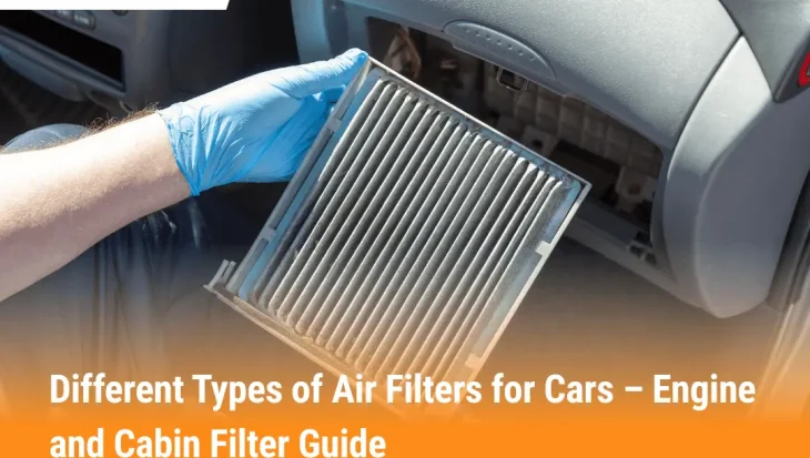 Mechanic holding a dirty cabin air filter while replacing it inside a car, showing example of different types of air filters for cars.