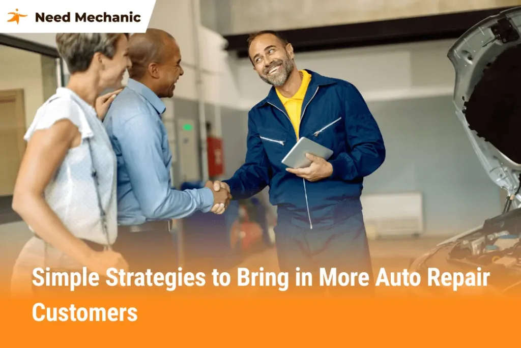 Mechanic shaking hands with customers in an auto repair shop, showing trust and customer growth strategies.