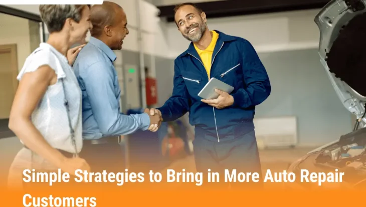Mechanic shaking hands with customers in an auto repair shop, showing trust and customer growth strategies.