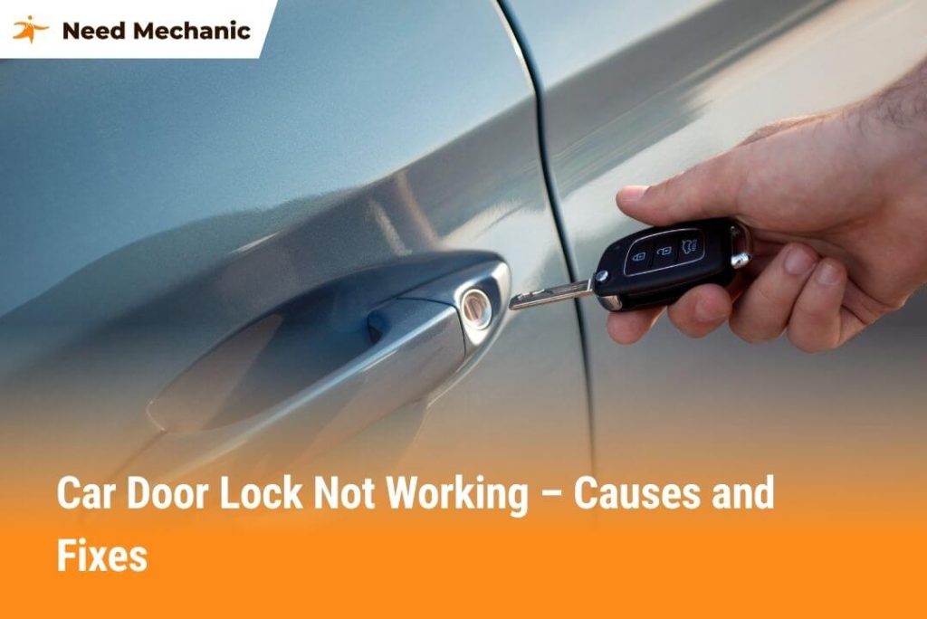 Hand holding a car key fob trying to unlock a car door, illustrating common problems when a car door lock is not working.