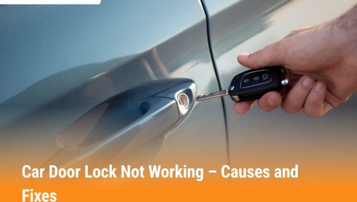Hand holding a car key fob trying to unlock a car door, illustrating common problems when a car door lock is not working.