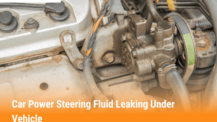 Close-up of car engine showing power steering fluid leaking from pump and hoses under the vehicle