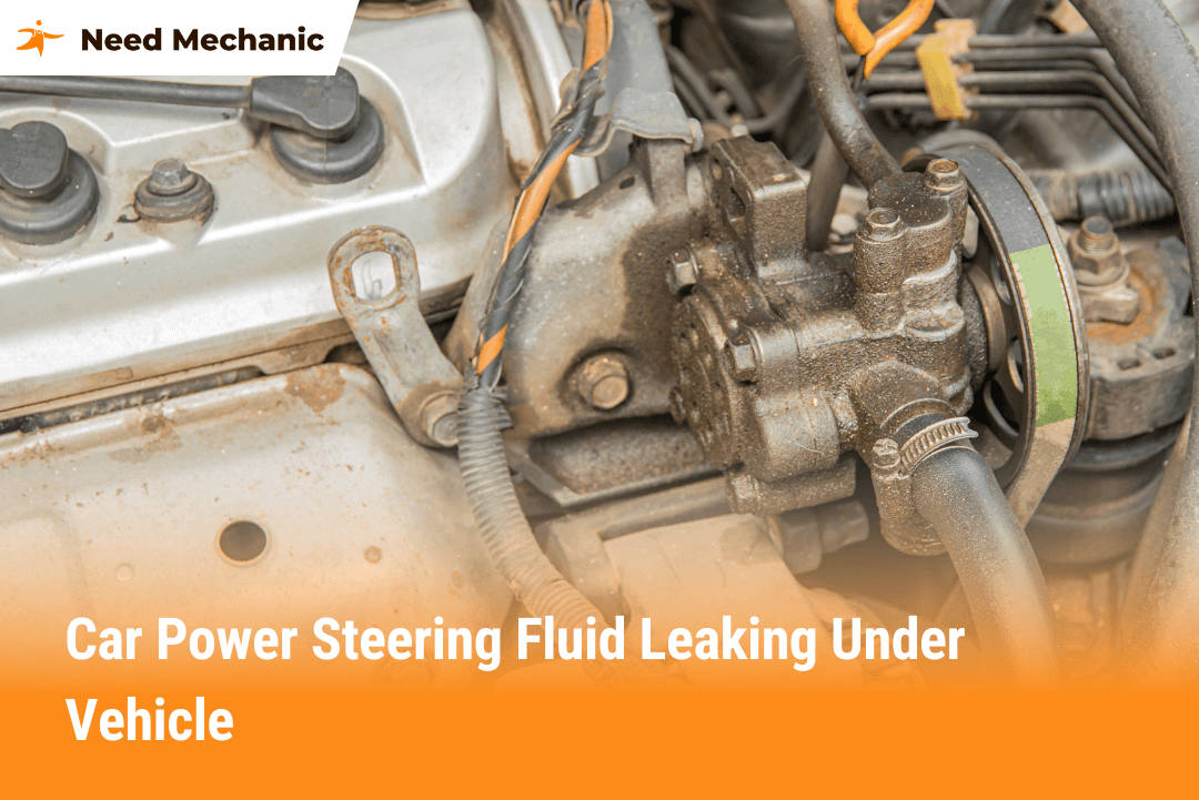 Close-up of car engine showing power steering fluid leaking from pump and hoses under the vehicle