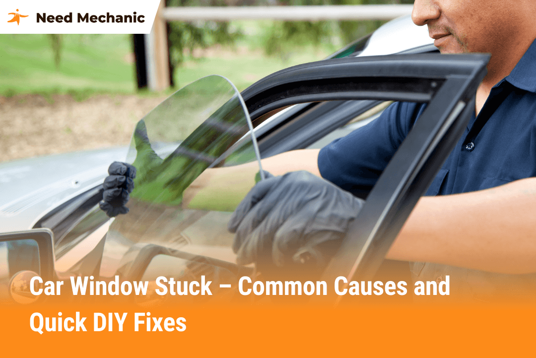 Mechanic repairing a stuck car window by adjusting the glass to fix common issues like motor, regulator, or track problems.