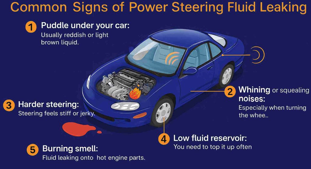Infographic showing common signs of power steering fluid leaking with a blue car illustration and five key indicators: puddle under the car, whining noises when turning, harder steering, low fluid reservoir, and burning smell.