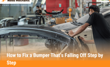Mechanic repairing a car bumper in a workshop showing how to fix a bumper that’s falling off step by step.