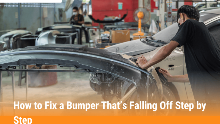 Mechanic repairing a car bumper in a workshop showing how to fix a bumper that’s falling off step by step.