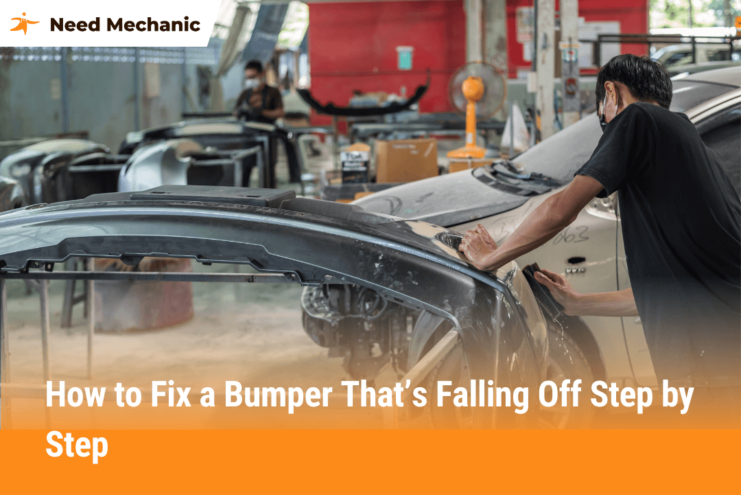 Mechanic repairing a car bumper in a workshop showing how to fix a bumper that’s falling off step by step.