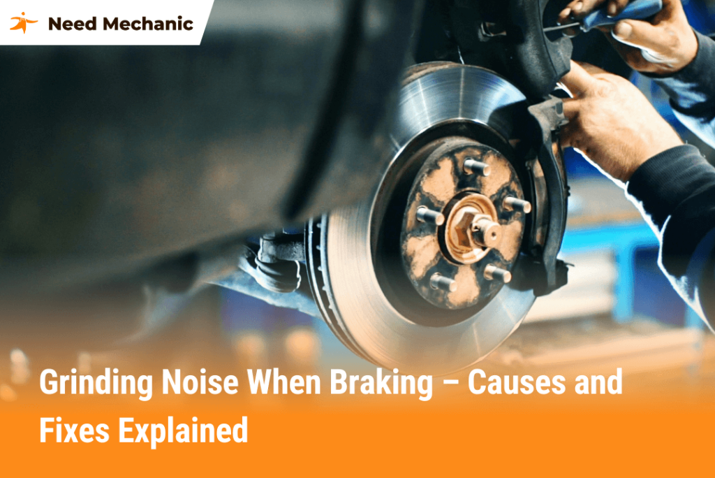 Mechanic repairing car brake rotor and pads to fix grinding noise when braking
