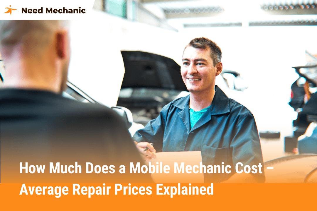 Smiling mobile mechanic talking with a customer while explaining average repair costs, showing the convenience and affordability of mobile auto services.