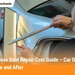 Technician performing paintless dent repair on a car door panel to remove dents and restore the original finish