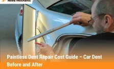 Technician performing paintless dent repair on a car door panel to remove dents and restore the original finish