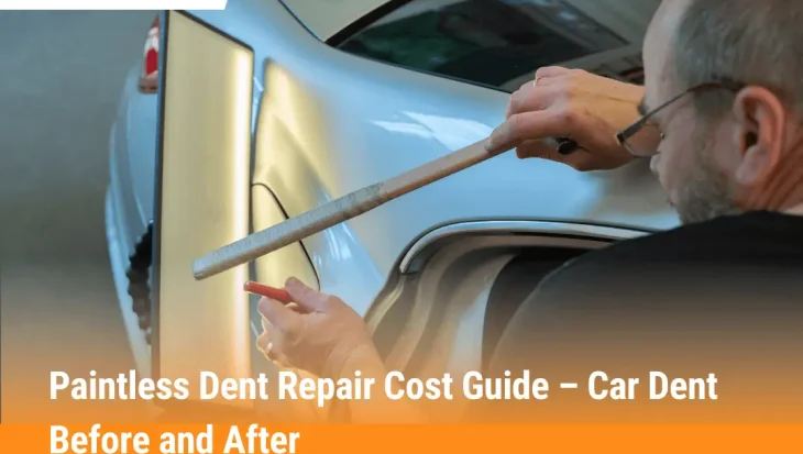 Technician performing paintless dent repair on a car door panel to remove dents and restore the original finish