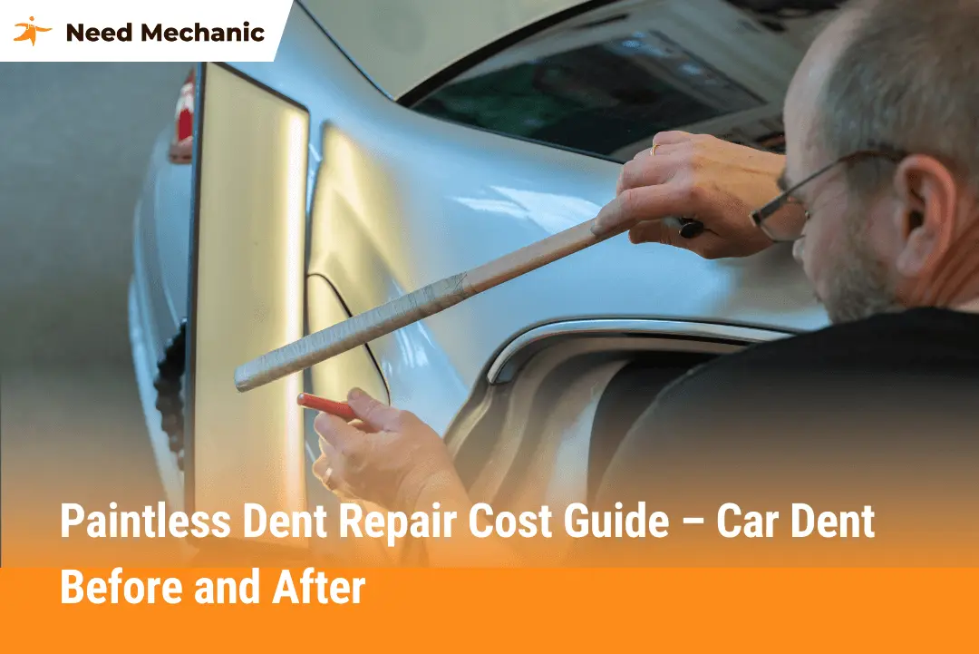 Technician performing paintless dent repair on a car door panel to remove dents and restore the original finish