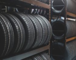 A new tire is placed on the tire storage rack in the tire factory. Be prepared for vehicles that need to change tires.