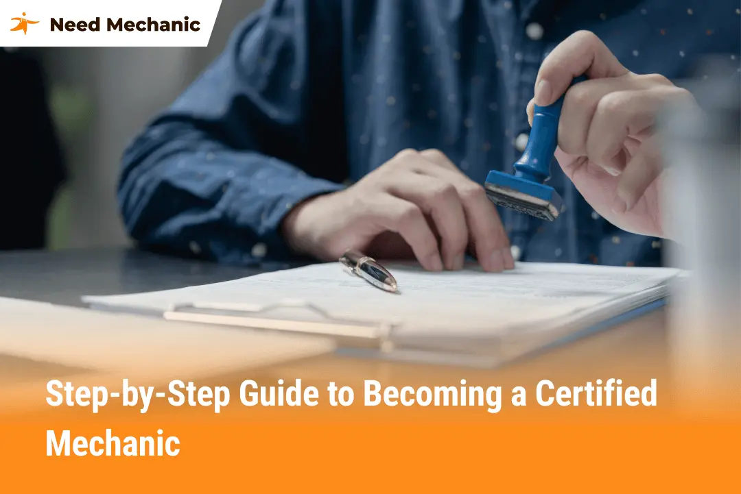 Person stamping certification papers for becoming a certified mechanic