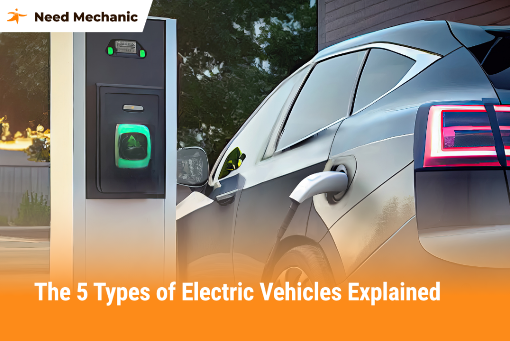 Electric car charging at a station with title The 5 Types of Electric Vehicles Explained