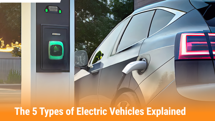 Electric car charging at a station with title The 5 Types of Electric Vehicles Explained
