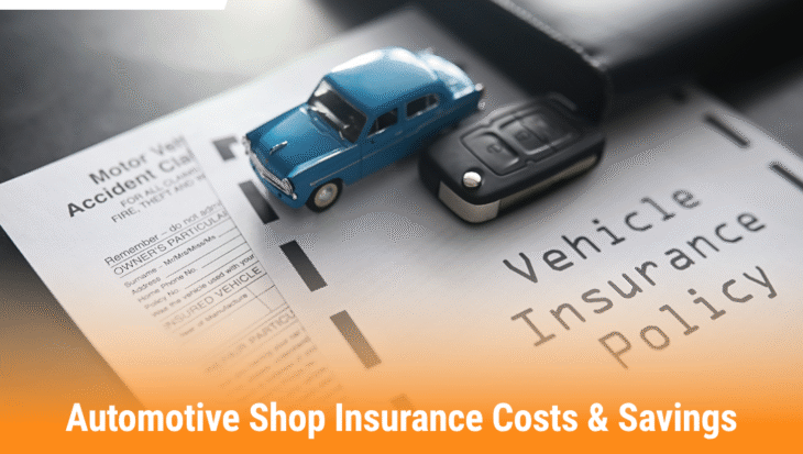Miniature blue car and car key placed on a vehicle insurance policy document, symbolizing automotive shop insurance costs and savings.