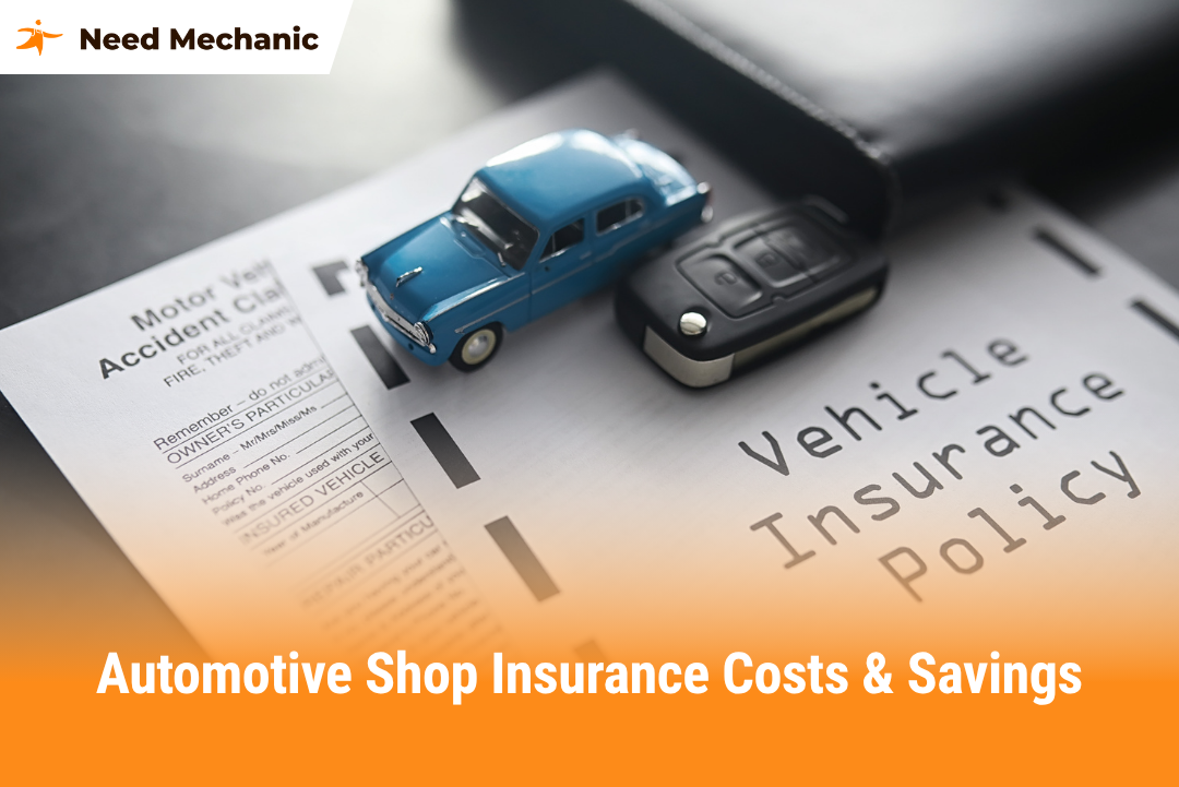 Miniature blue car and car key placed on a vehicle insurance policy document, symbolizing automotive shop insurance costs and savings.