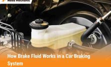 Close-up view of a car’s brake fluid reservoir showing how brake fluid works in a car braking system, featured by Need Mechanic.