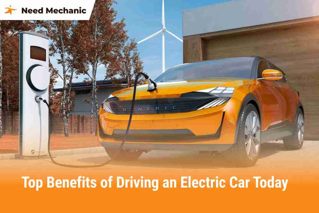 Orange electric car charging at home station highlighting benefits of EV ownership.
